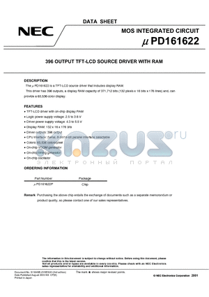 UPD161622P datasheet - 396 OUTPUT TFT-LCD SOURCE DRIVER WITH RAM