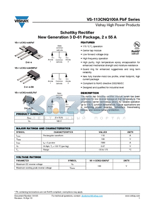 VS-113CNQ100A datasheet - Schottky Rectifier New Generation 3 D-61 Package, 2 x 55 A