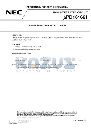 UPD161661 datasheet - POWER SUPPLY FOR TFT-LCD DRIVER