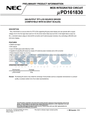 UPD161830 datasheet - 240-OUTPUT TFT-LCD SOURCE DRIVER