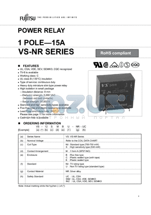 VS-12BU-NR-SM2 datasheet - POWER RELAY 1 POLE-15A