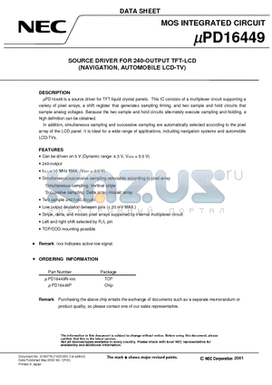 UPD16449P datasheet - SOURCE DRIVER FOR 240-OUTPUT TFT-LCD