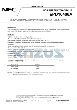 UPD16488A datasheet - 1/92 DUTY LCD CONTROLLER/DRIVER WITH FOUR-LEVEL GRAY SCALE, ON-CHIP RAM