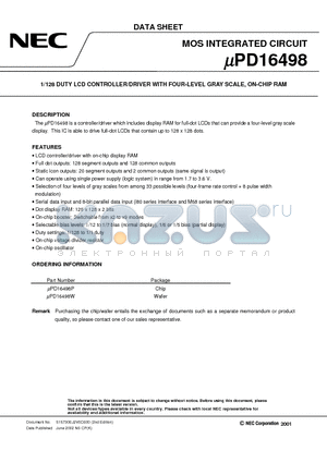UPD16498W datasheet - 1/128 DUTY LCD CONTROLLER/DRIVER WITH FOUR-LEVEL GRAY SCALE, ON-CHIP RAM