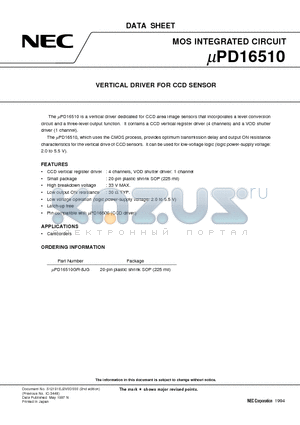 UPD16510 datasheet - VERTICAL DRIVER FOR CCD SENSOR