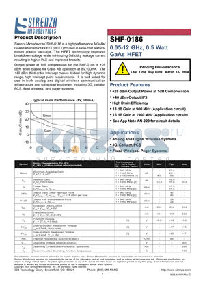 SHF-0186 datasheet - 0.05-12 GHz, 0.5 Watt GaAs HFET