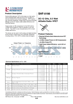 SHF-0198 datasheet - DC-12 GHz, 0.5 Watt AIGaAs/GaAs HFET