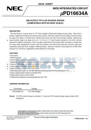 UPD16634AN datasheet - 300-OUTPUT TFT-LCD SOURCE DRIVER COMPATIBLE WITH 64 GRAY SCALE