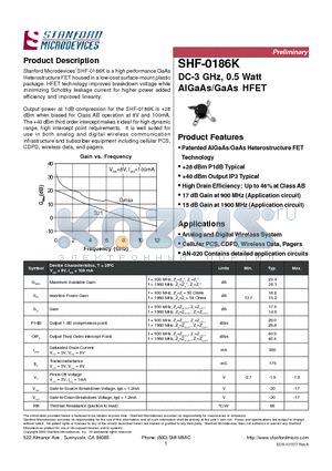 SHF-0186K datasheet - DC-3 GHz, 0.5 Watt AlGaAs/GaAs HFET
