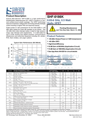 SHF-0186K datasheet - 0.05-6 GHz, 0.5 Watt GaAs HFET