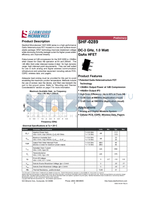 SHF-0289 datasheet - DC-3 GHz, 1.0 Watt GaAs HFET