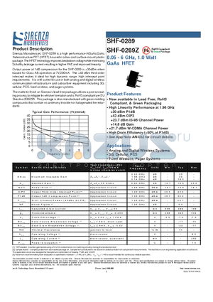 SHF-0289Z datasheet - 0.05 - 6 GHz, 1.0 Watt GaAs HFET