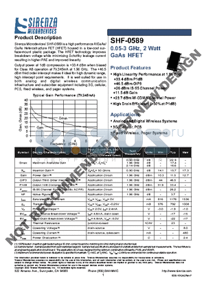 SHF-0589 datasheet - 0.05-3 GHz, 2 Watt GaAs HFET