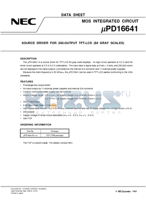 UPD16641 datasheet - SOURCE DRIVER FOR 240-OUTPUT TFT-LCD 64 GRAY SCALES