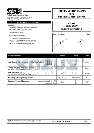 SHF1104 datasheet - 1 AMP 400 - 900 V Hyper Fast Rectifier