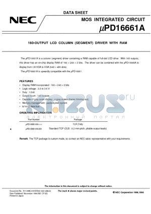 UPD16661A datasheet - 160-OUTPUT LCD COLUMN SEGMENT DRIVER WITH RAM