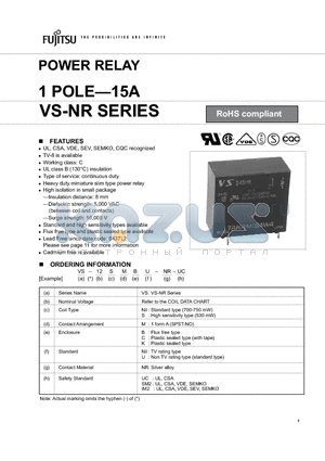 VS-12SBU-NR-UC datasheet - POWER RELAY 1 POLE-15A