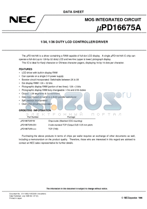 UPD16675A datasheet - 1/34, 1/36 DUTY LCD CONTROLLER/DRIVER