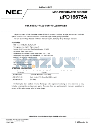 UPD16675AW datasheet - 1/34, 1/36 DUTY LCD CONTROLLER/DRIVER