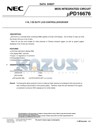 UPD16676 datasheet - 1/16, 1/32 DUTY LCD CONTROLLER/DRIVER