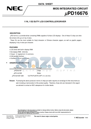 UPD16676W datasheet - 1/16, 1/32 DUTY LCD CONTROLLER/DRIVER