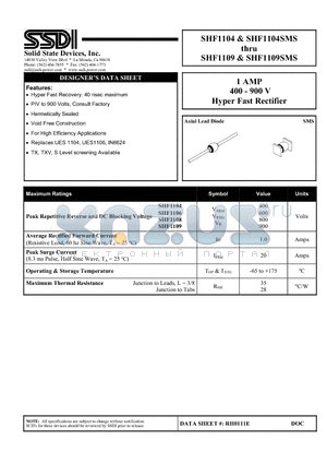 SHF1109 datasheet - 1 AMP 400 - 900 V Hyper Fast Rectifier