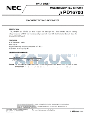 UPD16700 datasheet - 256-OUTPUT TFT-LCD GATE DRIVER
