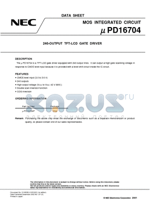 UPD16704 datasheet - 240-OUTPUT TFT-LCD GATE DRIVER