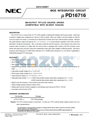UPD16716N datasheet - 384-OUTPUT TFT-LCD SOURCE DRIVER (COMPATIBLE WITH 64-GRAY SCALES)