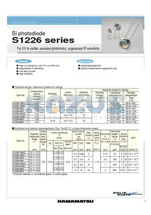 S1226-18BK datasheet - Si photodiode For UV to visible, precision photometry; suppressed IR sensitivity