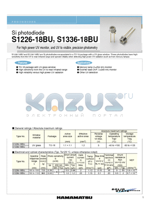 S1226-18BU datasheet - Si photodiode For high power UV monitor, and UV to visible, precision photometry