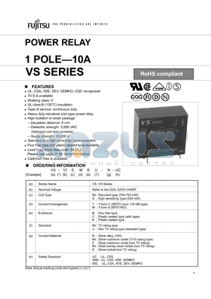 VS-12SMK-E-UC datasheet - POWER RELAY 1 POLE-10A