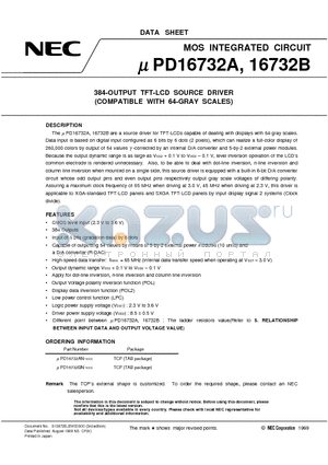UPD16732B datasheet - 384-OUTPUT TFT-LCD SOURCE DRIVER COMPATIBLE WITH 64-GRAY SCALES