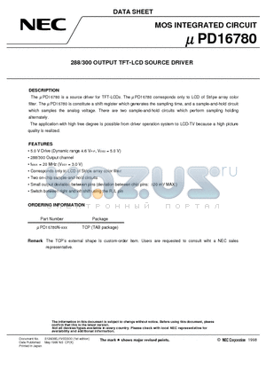 UPD16780N datasheet - 288/300 OUTPUT TFT-LCD SOURCE DRIVER