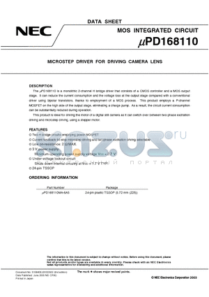 UPD168110 datasheet - MICROSTEP DRIVER FOR DRIVING CAMERA LENS