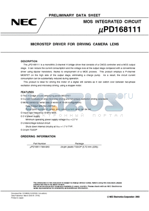 UPD168111 datasheet - MICROSTEP DRIVER FOR DRIVING CAMERA LENS