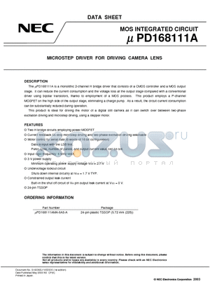 UPD168111A datasheet - MICROSTEP DRIVER FOR DRIVING CAMERA LENS