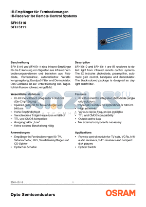 SHF5110 datasheet - IR-Receiver for Remote Control Systems