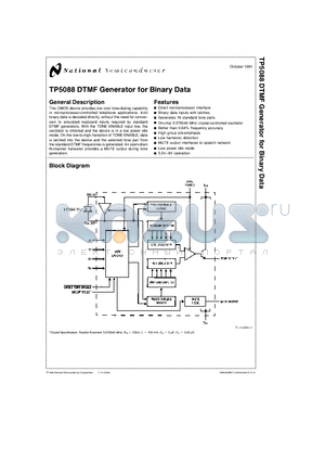 TP5088 datasheet - TP5088 DTMF Generator for Binary Data