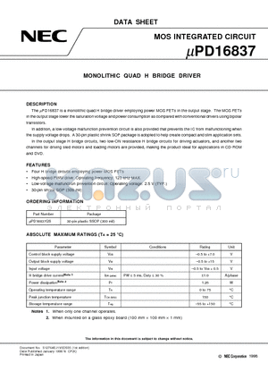 UPD16837 datasheet - MONOLITHIC QUAD H BRIDGE DRIVER