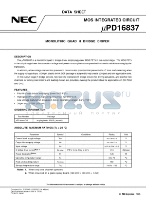 UPD16837GS datasheet - MONOLITHIC QUAD H BRIDGE DRIVER