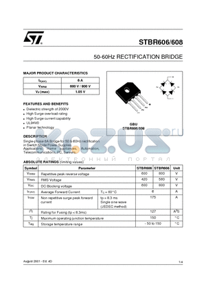 STBR606 datasheet - 50-60Hz RECTIFICATION BRIDGE