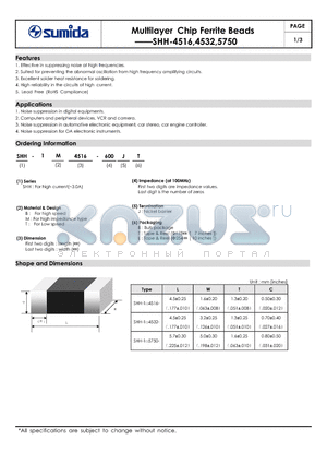 SHH-1M4516-600 datasheet - Multilayer Chip Ferrite Beads