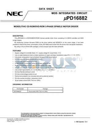 UPD16882 datasheet - MONOLITHIC CD-ROM/DVD-ROM 3-PHASE SPINDLE MOTOR DRIVER