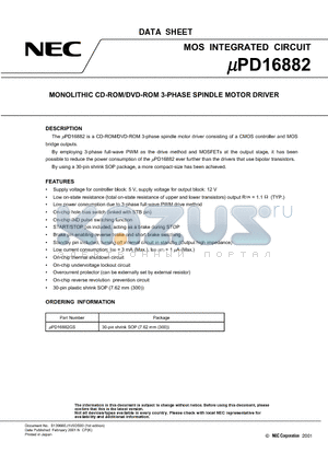 UPD16882GS datasheet - MONOLITHIC CD-ROM/DVD-ROM 3-PHASE SPINDLE MOTOR DRIVER