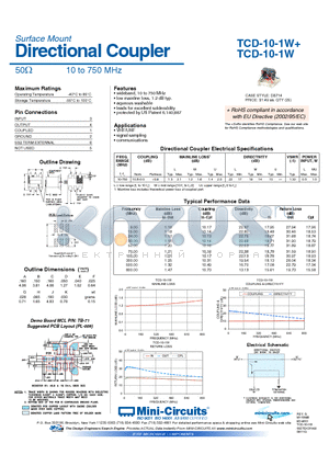 TCD-10-1W datasheet - Directional Coupler 50Y 10 to 750 MHz
