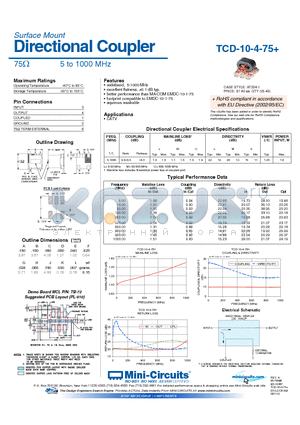 TCD-10-4-75 datasheet - Directional Coupler 75Y 5 to 1000 MHz