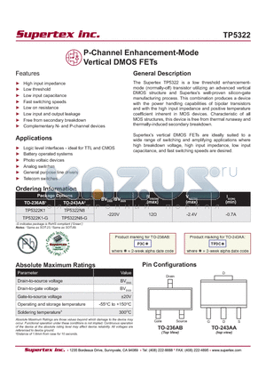 TP5322K1-G datasheet - P-Channel Enhancement-Mode Vertical DMOS FETs