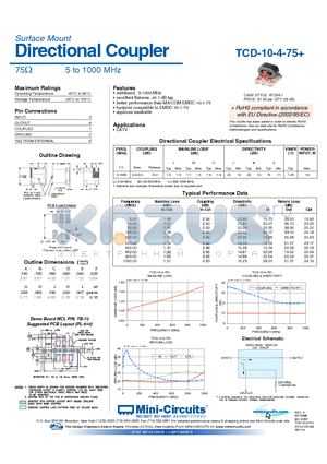 TCD-10-4-75+ datasheet - Directional Coupler 75Y 5 to 1000 MHz