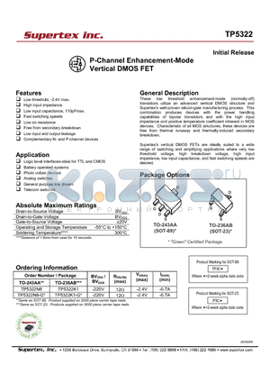 TP5322N8-G datasheet - P-Channel Enhancement-Mode Vertical DMOS FET